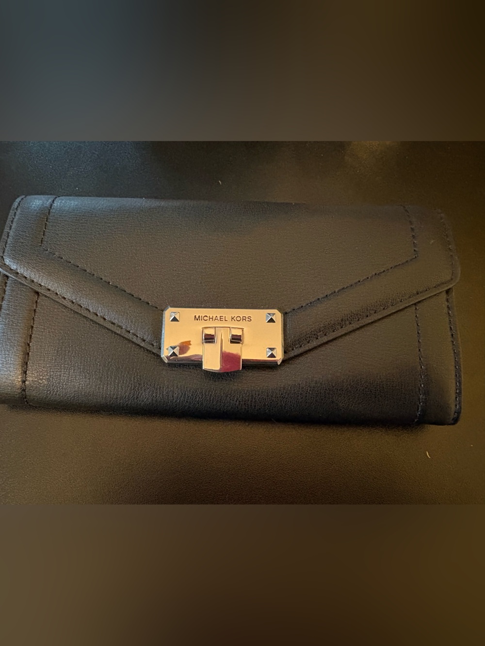 Michael Kors Black Leather Envelope Card Holder with Silver-Tone Lock